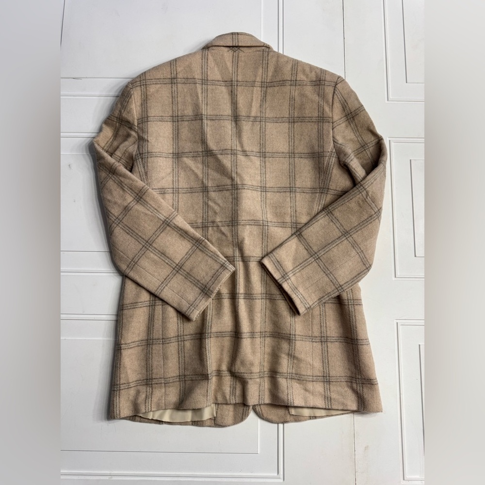 Women’s Size 12 Large Wool Tan Pea Coat Blazer Jacket Plaid Windowpane - Picture 5 of 5